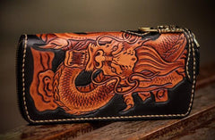 Handmade Leather Tooled Chinese Dragon Mens Chain Biker Wallet Cool Leather Wallet Zipper Long Phone Wallets for Men - imessengerbags