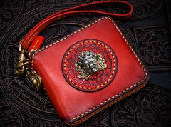 Handmade Leather Small Tooled Mens billfold Wallet Cool Chain Wallet Biker Wallet for Men