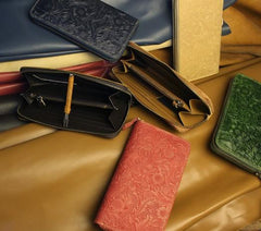 Handmade Leather Floral Mens Cool Travel Long Wallet Card Holder Card Slim Clutch Wallets for Men - imessengerbags