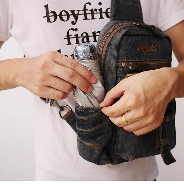Vintage Blue Denim Mens Sling Bags Chest Bag Cool Blue Denim Sling Bag For Men