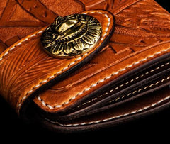 Handmade Leather Skull Indian Chief Tooled Mens billfold Wallet Cool Chain Wallet Biker Wallet for Men