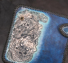 Handmade Leather Skull Punk Mens Chain Biker Wallet Cool Leather Wallet Long Wallets for Men
