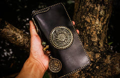 Handmade Leather Tibetan Mens Chain Biker Wallet Cool Leather Wallet Long Clutch Wallets for Men