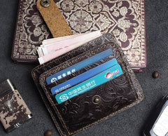 Handmade Leather Floral Mens Cool Front Pocket Wallet Short Wallet Card Holder Small Card Slim Wallets for Men