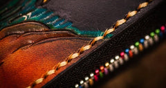 Handmade Leather Tooled Yellow Jambhala Mens Chain Biker Wallet Cool Leather Wallet Zipper Long Phone Wallets for Men - imessengerbags