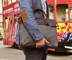 Mens Gray Canvas Leather Briefcase Handbag Work Bag Business Bag for Men