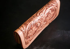 Handmade Mens Cool Tooled Boa Skin Floral Leather Chain Wallet Biker Trucker Wallet with Chain