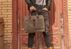 Mens Gray Canvas Briefcase Handbag Work Bag Business Bag for Men - imessengerbags