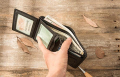Black Cool Leather Mens Small Wallet Trifold Vintage billfold Wallet for Men - imessengerbags
