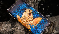 Handmade Leather Men Tooled Carp Cool Leather Wallet Long Phone Wallets for Men - imessengerbags