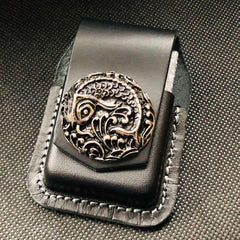 Black Handmade Leather Mens Indian Skull Zippo Lighter Holders Lighter Case For Men - imessengerbags