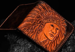 Handmade Leather Indian Chief Tooled Mens billfold Wallet Cool Leather Wallet Slim Wallet for Men - imessengerbags