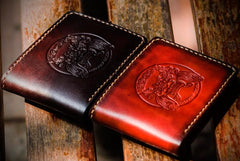 Handmade Leather Chinese Lion Tooled Mens billfold Wallet Cool Leather Wallet Slim Wallet for Men - imessengerbags