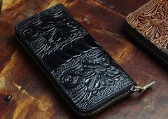 Handmade Leather Floral Mens Cool Zipper Phone Travel Long Wallet Card Holder Card Slim Clutch Wallets for Men - imessengerbags
