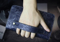 Handmade Leather Floral Tooled Mens Clutch Cool Slim Wallet Zipper Clutch Wristlet Wallet for Men