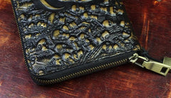 Handmade Leather Mens Tooled Skull Death Cool Zipper Phone Travel Long Wallet Card Holder Card Slim Clutch Wallets for Men - imessengerbags