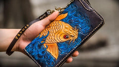 Handmade Leather Men Tooled Carp Cool Leather Wallet Long Phone Wallets for Men - imessengerbags