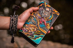 Handmade Leather Men Tooled Monkey King Cool Leather Wallet Long Phone Clutch Wallets for Men - imessengerbags
