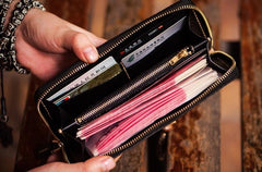 Handmade Leather Tooled Chinese Dragon Mens Chain Biker Wallet Cool Leather Wallet Zipper Long Phone Wallets for Men - imessengerbags
