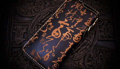 Handmade Leather Mens Chain Chinese Handwriting Biker Wallet Cool Leather Wallet Long Phone Wallets for Men - imessengerbags