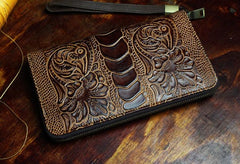 Handmade Leather Mens Tooled Floral Cool Zipper Phone Travel Long Wallet Card Holder Card Slim Clutch Wallets for Men - imessengerbags