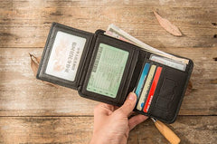 Black Cool Leather Mens Small Wallet Trifold Vintage billfold Wallet for Men - imessengerbags