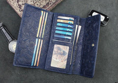 Handmade Leather Floral Mens Cool Travel Long Wallet Card Holder Card Trifold Clutch Wallets for Men - imessengerbags