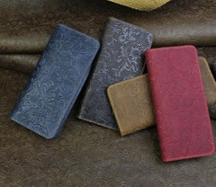Handmade Leather Floral Mens Cool Travel Long Wallet Card Holder Card Slim Clutch Wallets for Men - imessengerbags
