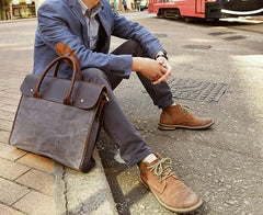Mens Gray Canvas Leather Briefcase Handbag Work Bag Business Bag for Men