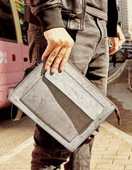 Cool Leather Large Mens Wristlet Bag Vintage Clutch Zipper Bag for Men