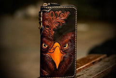 Handmade Leather Mens Tooled Eagle Chain Biker Wallet Cool Leather Wallet Long Clutch Wallets for Men - imessengerbags