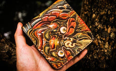 Handmade Leather Chinese Lion Tooled Mens billfold Wallet Cool Leather Wallet Slim Wallet for Men - imessengerbags