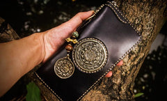 Handmade Leather Tibetan Mens Chain Biker Wallet Cool Leather Wallet Long Clutch Wallets for Men