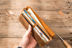 Vintage Slim long Wallet Leather Mens Tan Wallet Long Wallet for Men - imessengerbags