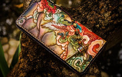 Handmade Leather Tooled White Jambhala Mens Chain Biker Wallet Cool Leather Wallet Zipper Long Phone Wallets for Men