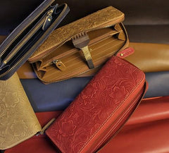 Handmade Leather Floral Mens Cool Travel Long Wallet Card Holder Card Slim Clutch Wallets for Men - imessengerbags