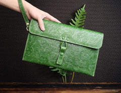 Handmade Leather Floral Tooled Mens Clutch Cool Slim Wallet Zipper Clutch Wristlet Wallet for Men