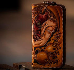 Handmade Leather Mens Clutch Wallet Cool Buddha&Demon Tooled Wallet Long Zipper Wallets for Men - imessengerbags