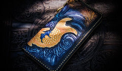 Handmade Leather Men Tooled Carp Cool Leather Wallet Long Phone Wallets for Men - imessengerbags