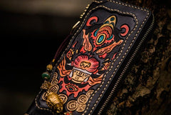 Handmade Leather Mens Tooled Monster Chain Biker Wallet Cool Leather Wallet Long Clutch Wallets for Men - imessengerbags