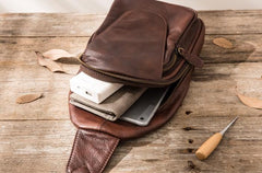 Coffee Leather Mens Sling Bag Sling Shoulder Bags Sling Backpacks for men - imessengerbags