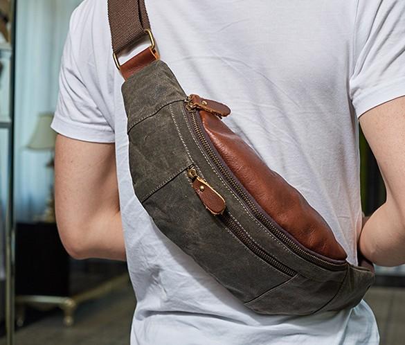 Canvas Leather Mens Fanny Pack Canvas Waist Bag Small Canvas Chest Bag for Men