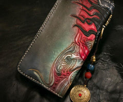 Handmade Leather Tooled Mahākāla Mens Chain Biker Wallet Cool Leather Wallet Long Clutch Wallets for Men - imessengerbags
