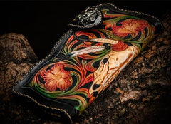 Handmade Leather Black Mens Tooled Skull Chain Biker Wallet Cool Leather Wallet Long Clutch Wallets for Men - imessengerbags