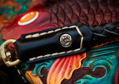 Handmade Leather Tooled Carp Mens Chain Biker Wallet Cool Leather Wallet Long Phone Wallets for Men