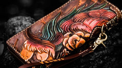 Handmade Leather Tooled Chinese Lion Mens Chain Biker Wallet Cool Leather Wallet Long Phone Wallets for Men - imessengerbags