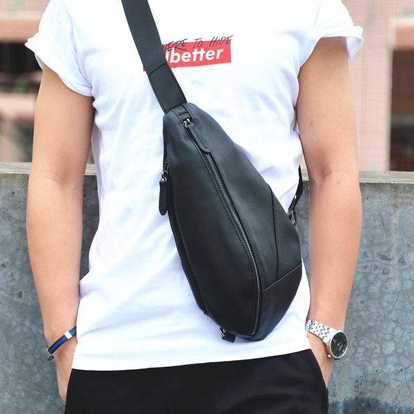 Cool Black Mens Leather One Shoulder Backpack Chest Bag Sling Bag Sling Crossbody Bag For Men - imessengerbags