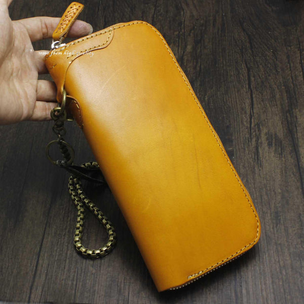 Cool Brown Leather Men's Biker Wallet CHain Wallet Biker Chain Wallet Zipper Long Wallet with Chain For Men - imessengerbags