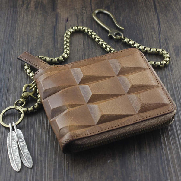 Fashion Brown Leather Men's Small Zipper Biker Chain Wallet Wallet with Chain For Men - imessengerbags