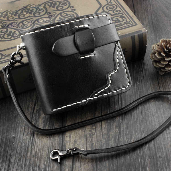 Handmade Black Leather Men's Small Biker Wallet Chain Wallet billfold Wallet with Chain For Men